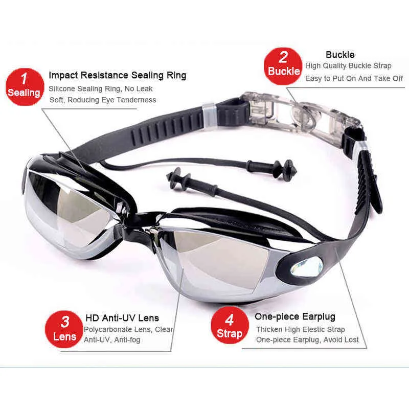 Korrigierende Kurzsichtigkeits-Schwimmbrille mit Ohrstöpsel, UV-Schutz, beschlagfrei, flexibler Nasensteg, Schwimmbrille, Brillen Y220428