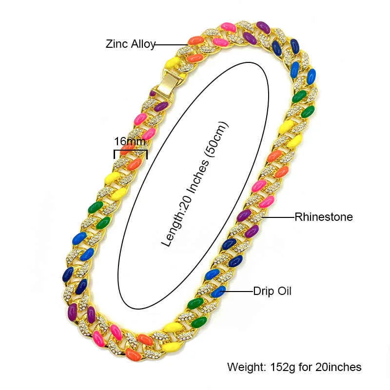 힙합 래퍼 16mm 무지개 색상 블록 패션 남자 목걸이 초커 마이애미 아이스 크리스탈 풀 다이아몬드 쿠바 목걸이 보석