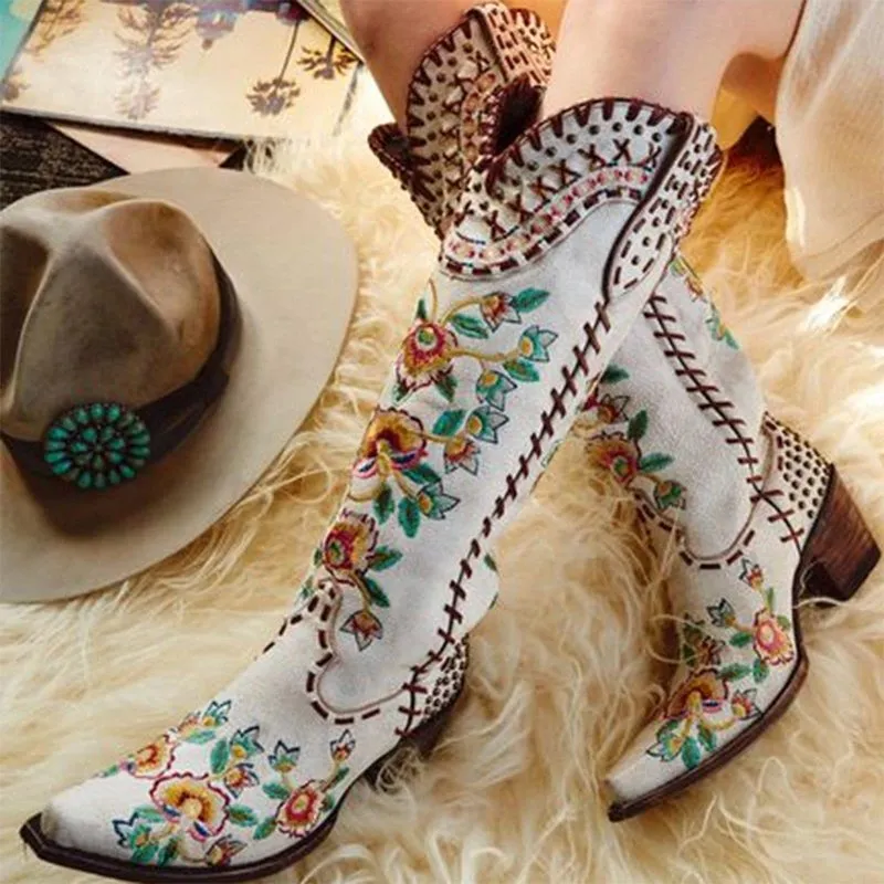 BONJOMARISA Women's Western Cowboy Boots Cowgirl Mid Calf Boots Classic Retro Embroidered Slip On Chunky Casual Shoes Woman 220808