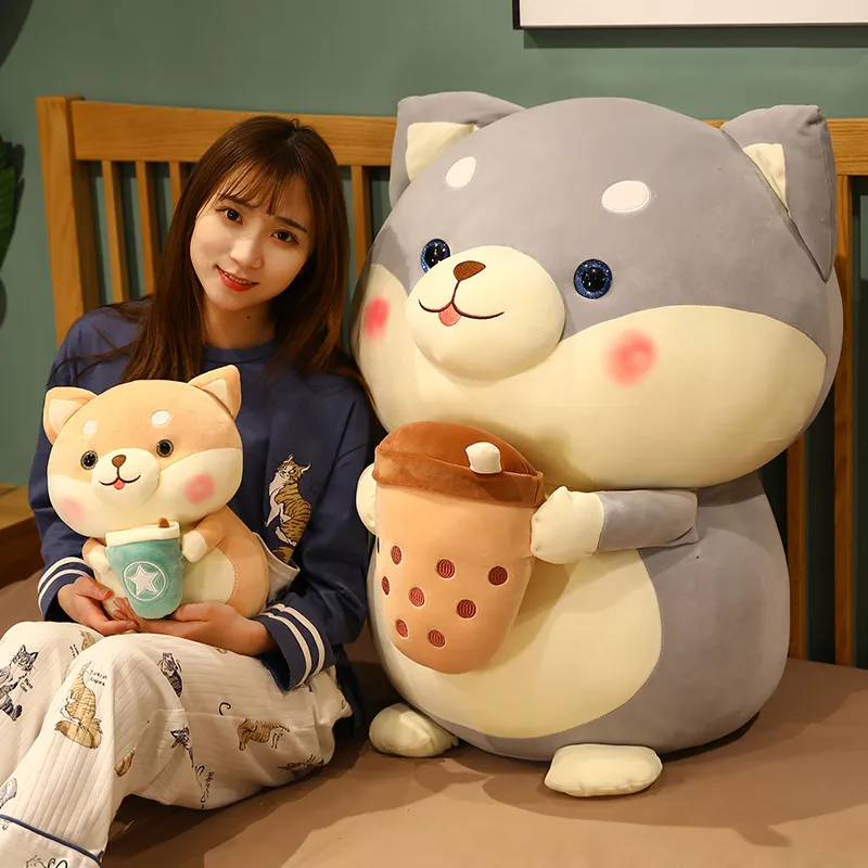 20/35/45cm Kawaii Shiba Inu Dog Holding Bubble Tea Cup Plush Toys Stuffed Soft Animal Pillow Dolls for Girls Birthday Gifts 220610