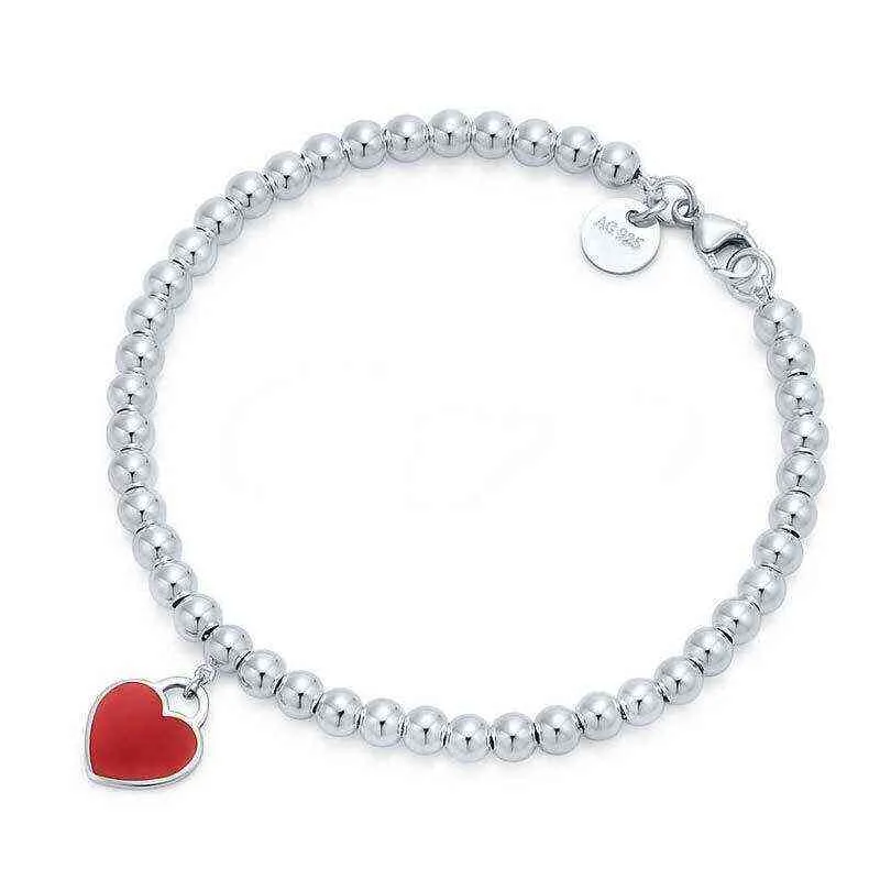 Classic S925 Silver Female Bracelets Enamel Blue Red Pink Heart Pendant