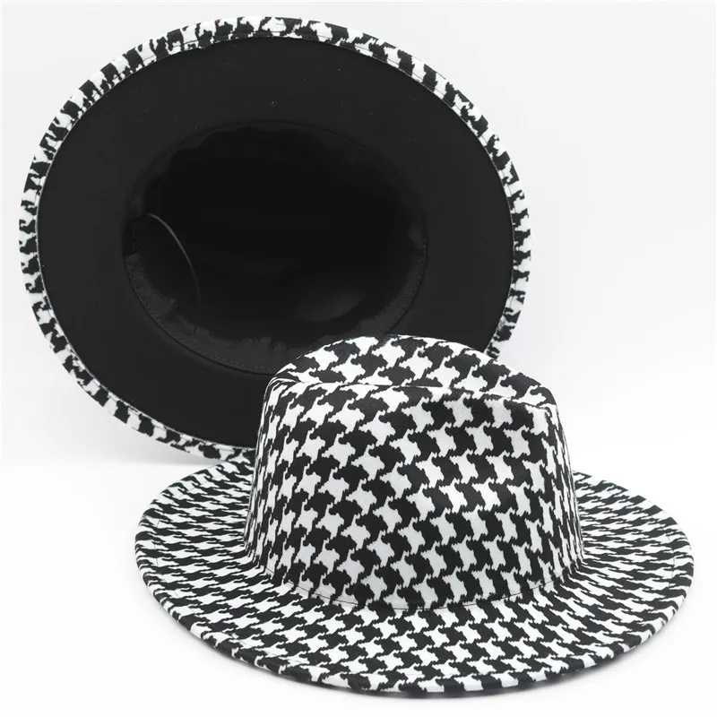 Chapeau Fedora imprimé pied-de-poule avec fond noir hommes grand bord extérieur tendance chapeau Panama femmes Jazz chapeau haut de forme pour fête mariage