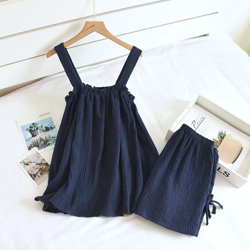 Summer Style Ladies Pajamas Two-piece 100%Cotton Crepe Suspender Shorts Vest Suit Sweet And Loose Home Service Sexy Pjs 220329