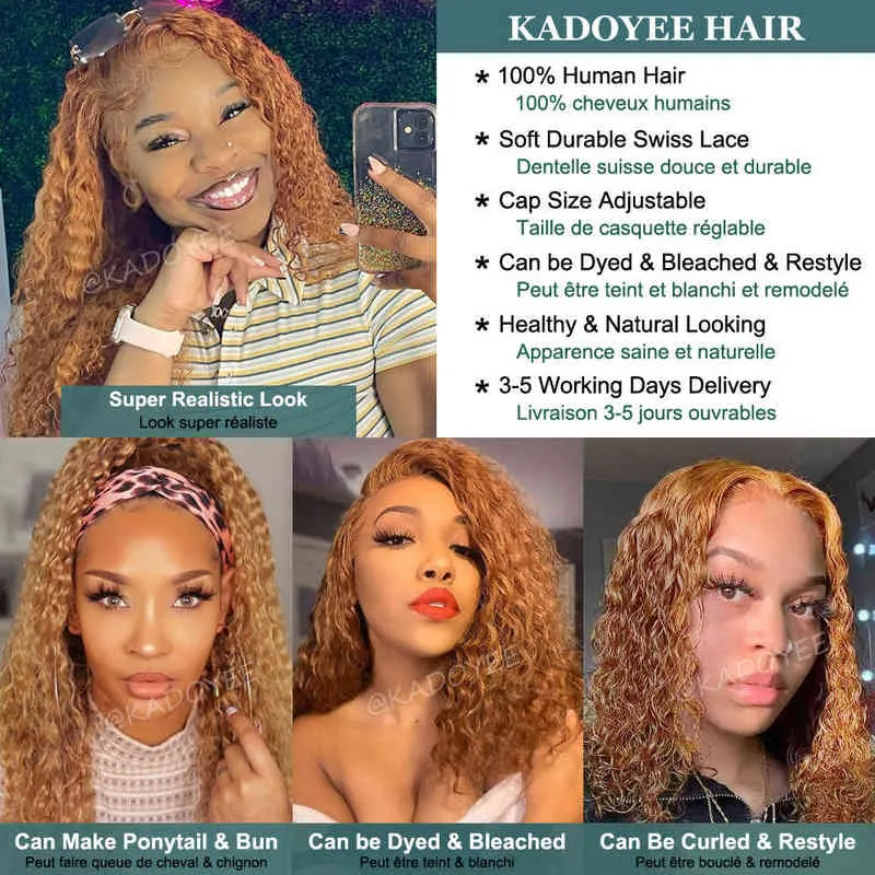 Short Curly Bob Wig Honey Blonde Lace Front Human Hair Wigs For Women #Brazilian Kinky Closure Frontal 220707
