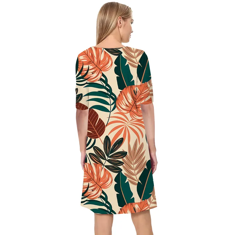 Femmes robe rétro forêt tropicale feuilles motif 3D imprimé col en v ample décontracté à manches courtes robe droite pour les robes féminines 220616