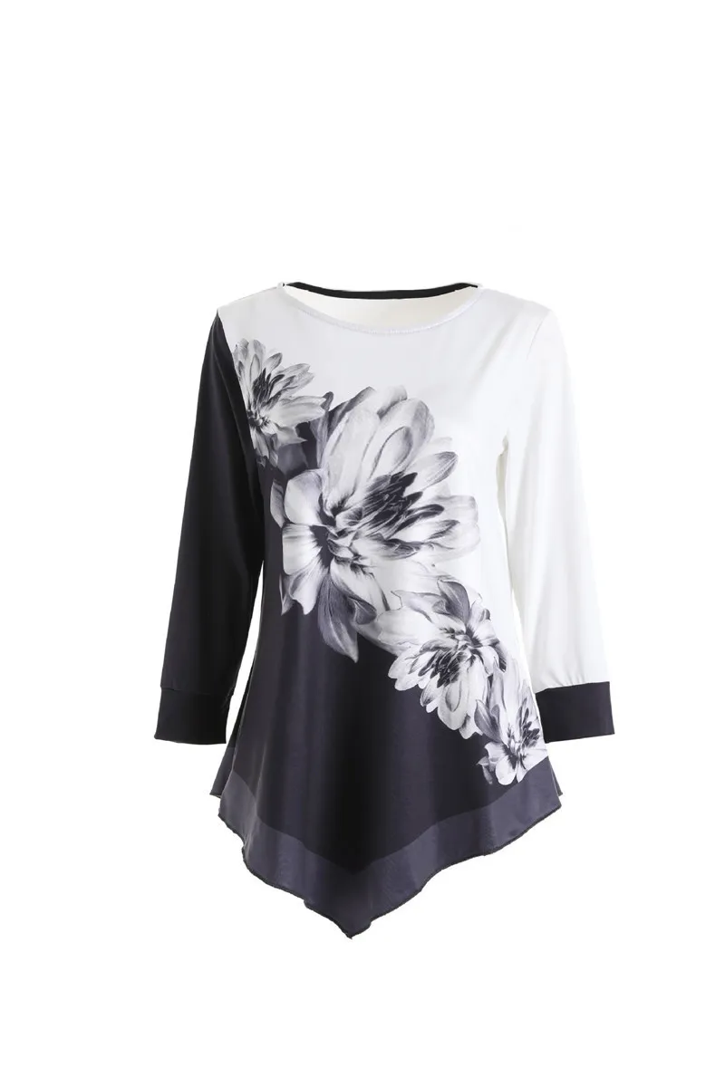 Modeveeroverhemden Floral Print onregelmatige zoom blouse kanten patchwork vrouwen kleding casual 34 mouw shirt oversized 220707
