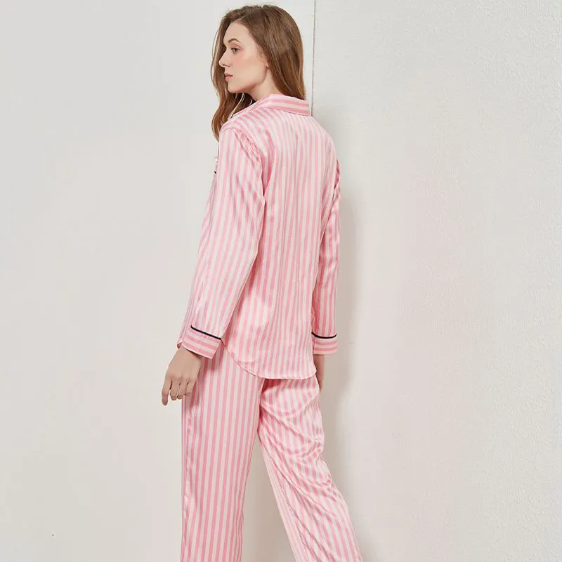Sommar pyjamas för kvinnor satin silke randig sömnkläder 2 stycken set sova toppar byxor pjs damer natt slitage loungewear hemdräkt 220329