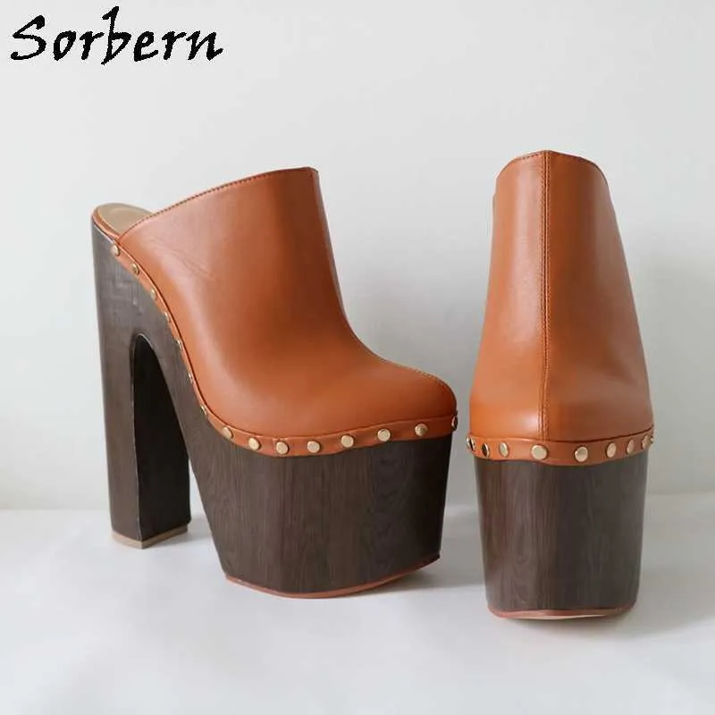 SORBERNパンク茶色の女性スリッパマレッジハイヒールゴールドリベット閉じた靴チャンキーヒールした女性スライドカスタムカラー