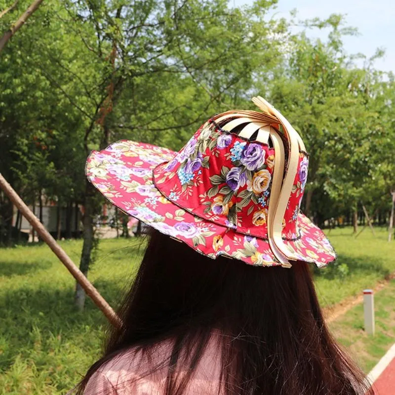 Breda randen hattar 2 i 1 bambu vikande fläkthatt för kvinnor flicka hand hållen resande sommardans 276 år