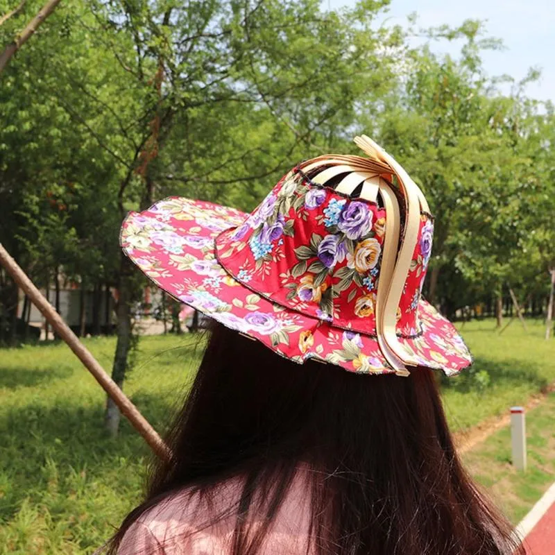 Chapéus de borda larga 2 em 1 chapéu de ventilador dobrável de bambu para mulheres menina mão viajando verão dançando 278J