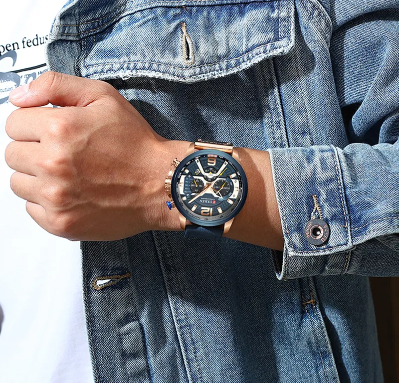 Curren Men observa a marca Top Brand Luxury Blue Leather Chronógrafo Sport Watch for Men Fashion Date Relógio à prova d'água RELOJ HOMBRE 220530