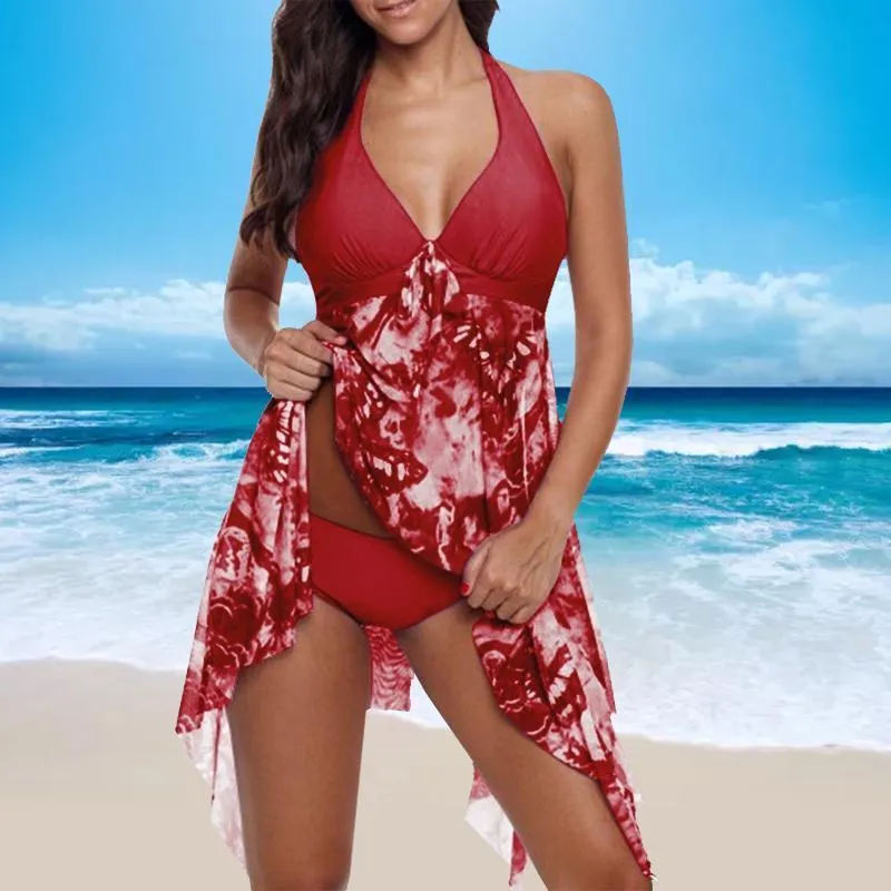 Women Sexy V-neck Swimwear Irregular Padded Push Up Print Halter Tankini Summer Two Piece Swimming Dress Beach Wear Swimsuit 220408