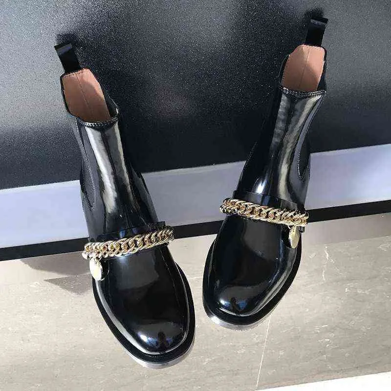 Femmes bottes femme bande élastique chaussure moderne cuir brillant Chelsea cheville concepteur chaîne en or dames chaussures Botas De Mujer 0719