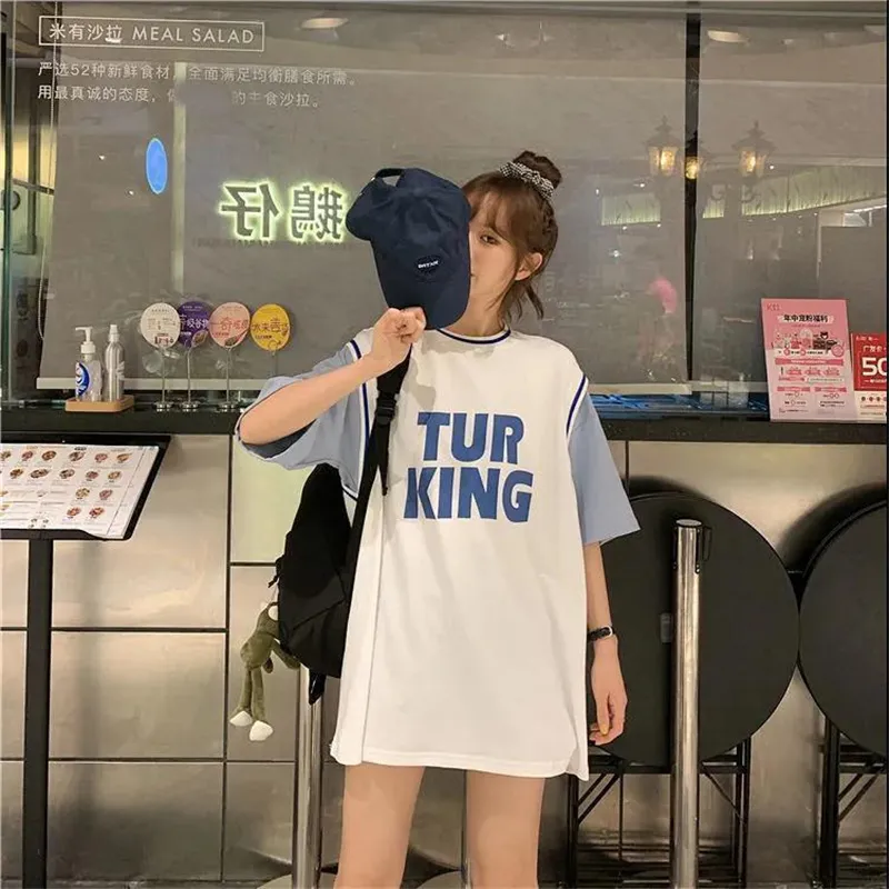 농구 저지 여성 느슨한 대형 하라주쿠 스포츠 스타일 Tshirt 여성 인쇄 디지털 카와이 단락 가짜 트위 즈 220615