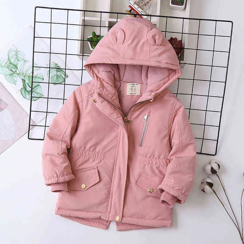 2021 New Keep Warm Plus Velvet Winter Girls Jacket Giacca da esterno con cappuccio spessa stile lungo bambina Capispalla pesante carino J220718