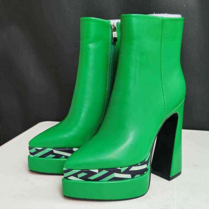 Botas femininas impressão de moda feminino039s tornozelo 2022 outono inverno novo grossa plataforma de salto alto pontuado sapatos de festa verde rose16773334