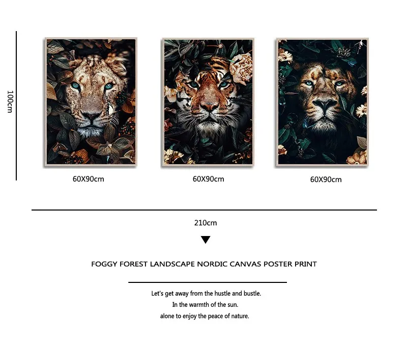 フラワーアニマルライオンタイガー鹿ヒョウ抽象キャンバスペインティングウォールアートノルディックプリントポスター装飾写真リビングルームの装飾