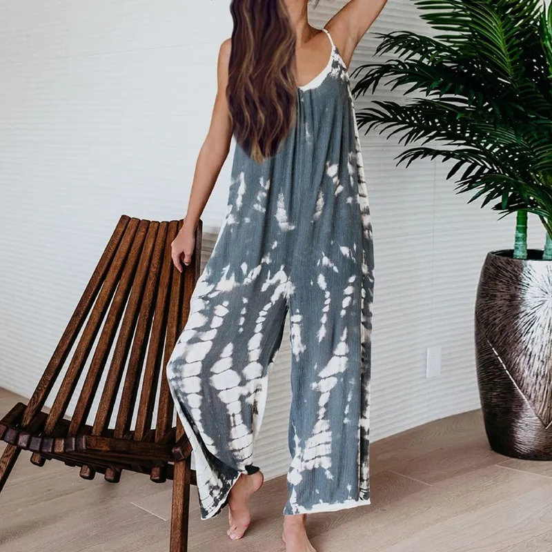 Kvinnor ärmlös tie-dye beach boho casual jumpsuit sommar hemkläder strand semester high street romper overaller släpp 220719