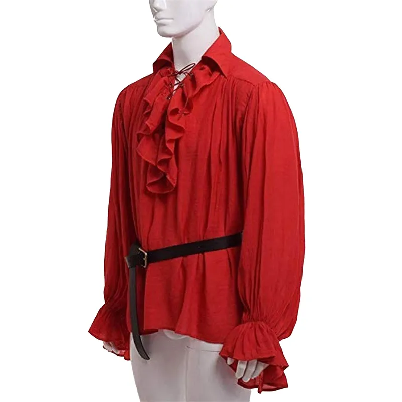 Traje renascentista dos homens babados manga longa rendas até medieval steampunk pirata camisa cosplay príncipe drama traje topos 220812