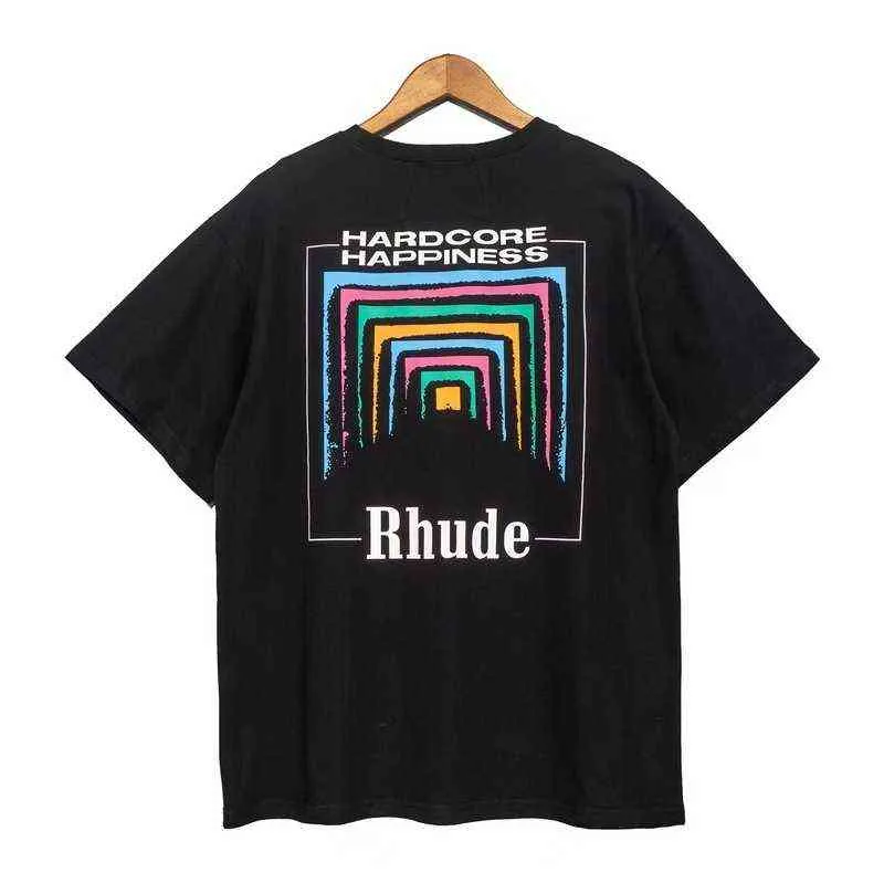 2022 여름 Rhude 짧은 슬리브 담배 상자 사각 배열 추상 색상 터널 인쇄 느슨한 캐주얼 티셔츠