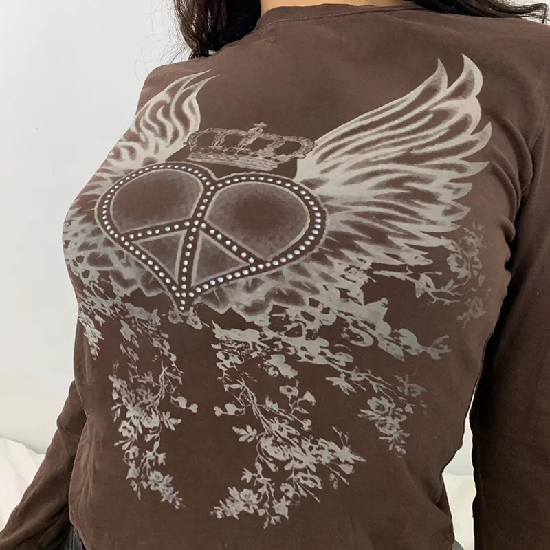 Gráfico Harajuku tricotado T Camisetas mulheres Manga longa Fairy Grunge Roupas estéticas Oneck top fêmeas com nervuras 220714
