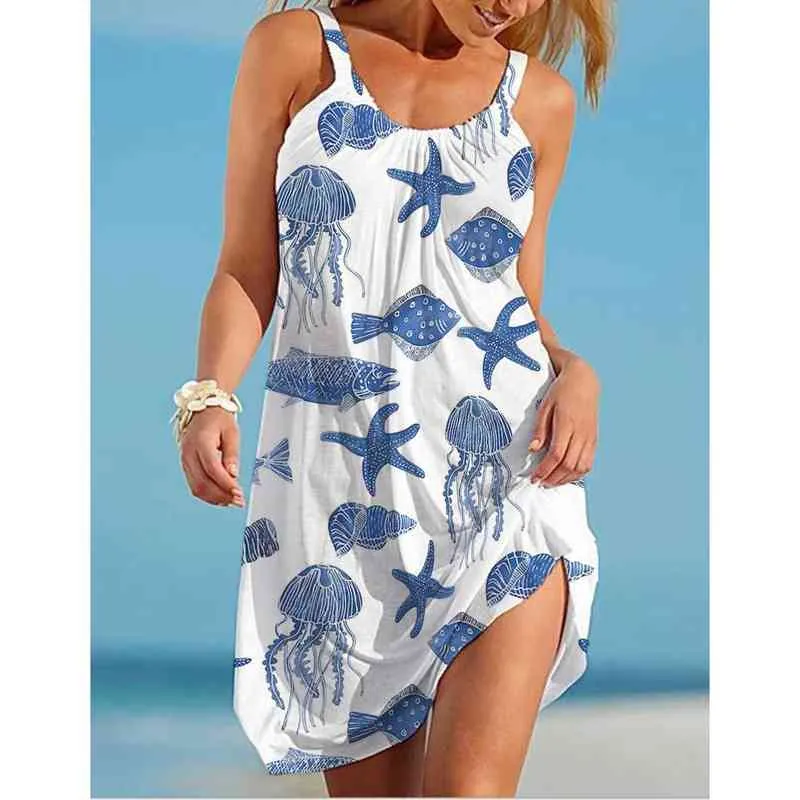 Sea World Starfish Print Dress Women's Fashion Summer Strap Beach Dress Bohemian Sleeveless Party Dresses Elegant Sundress Hem G220510