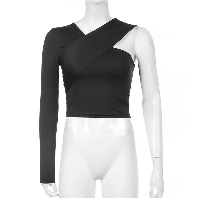 Asymmetrical V Neck One-shoulder Soild Women's T-shirts Slim Female Streetwear Crop Tops Autumn All-match Vinatge Tees 220525