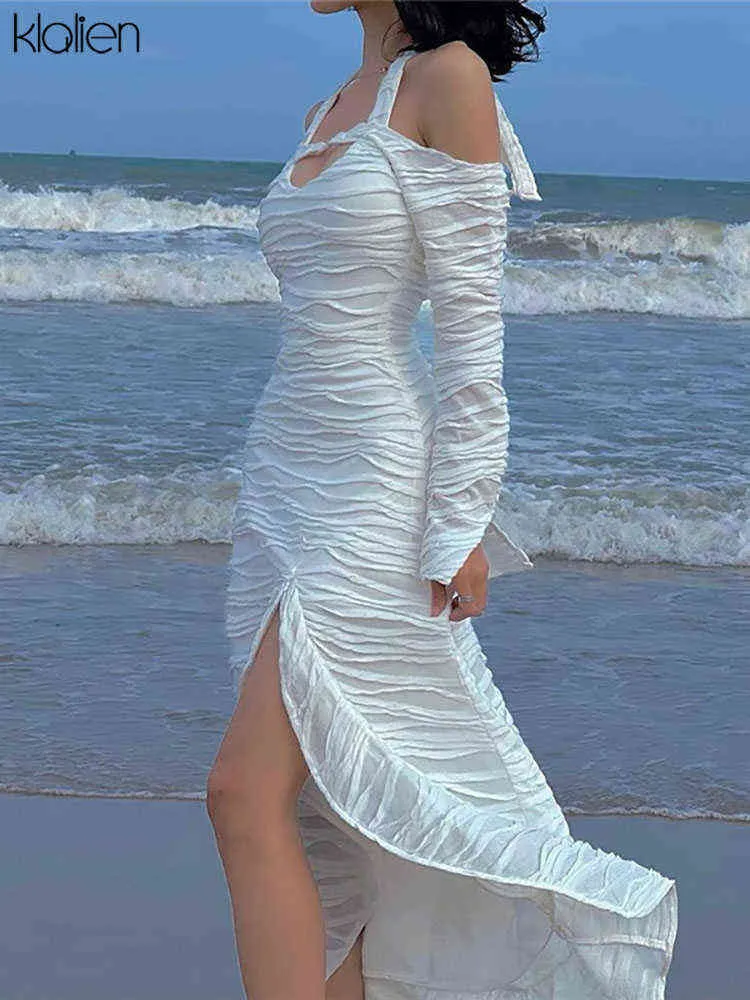 KLALIEN Fashion Elegant French Romantic Solid White Maxi Dresses Women Beach Vacation Style Sexy Off Shoulder Halter Dresses Y220401