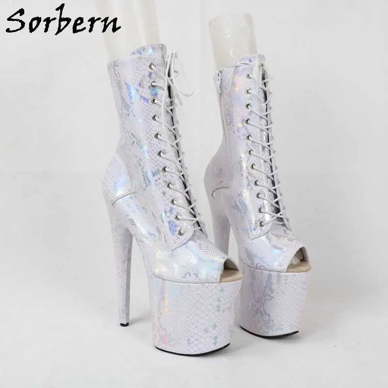 Sorbern Holo White Snake Boots For Women Ankle High Stripper Heels Exotic Pole Dancer Bdsm Fetish High Heel Booties Custom Color