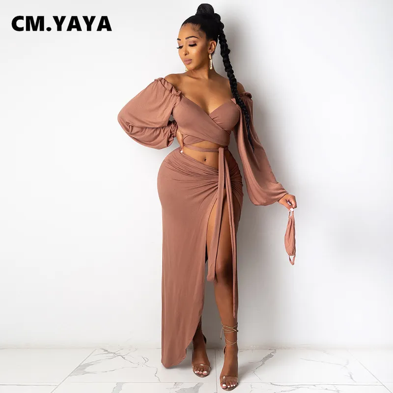 Cm.yaya Lady Woman Dresses High Side Split uitgesneden schouder lange jurk voor vrouwen volle mouw straat sexy bodycon v-neck 220516