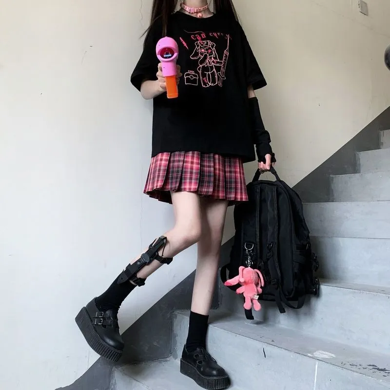 Streetwear HARAJUKU Summer punkowy T koszule Kobiety z krótkim rękawem Korea Cartoon Vintage Black Tees TOP Y2K 220602