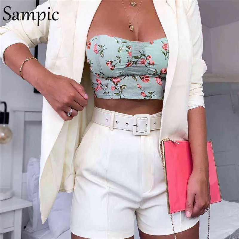 Sampic Casual Blazer Pant Suits Long Sleeve Women Two Piece Set White Pink Yellow Summer Autumn Shorts Set T220729