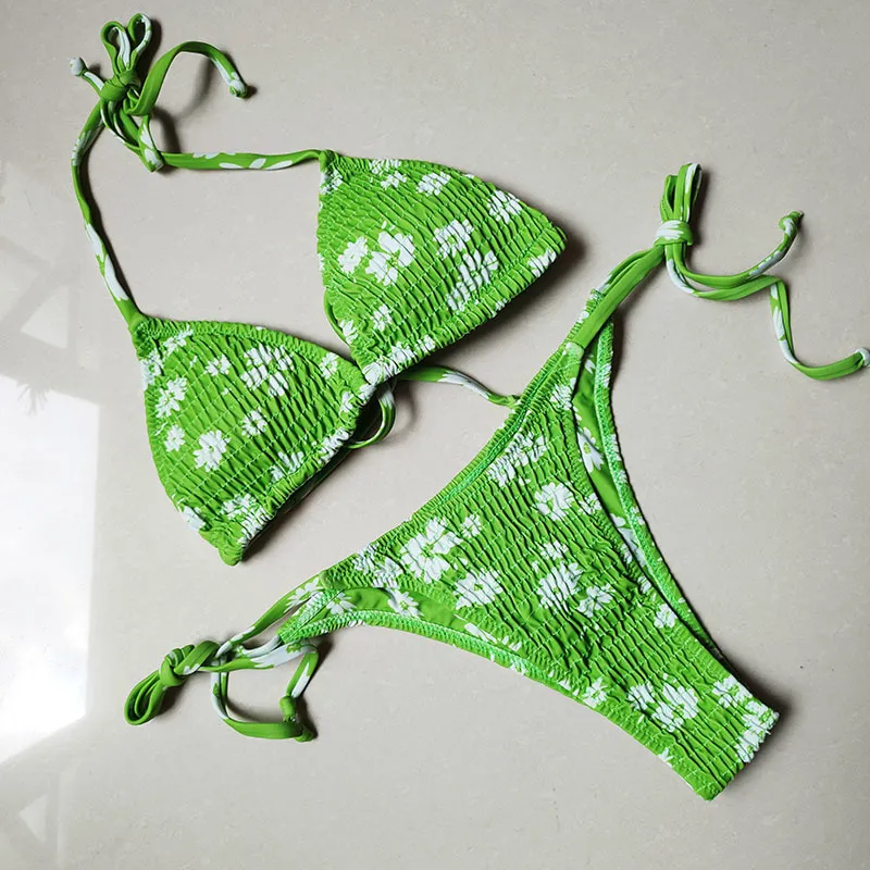 Sexig triangel Push Up Bikini Set Brasilian String thong Swimwear Ruched Bandage Bikini Tvådel baddräkt Micro Biquini 220527