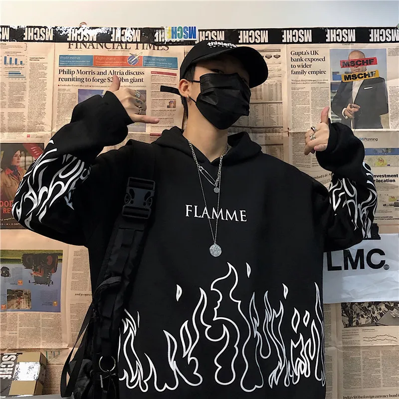 Kpop retro flame print hoodie Korean version ins Harajuku bf style street hiphop loose plus velvet sweatshirt for men and women 220726