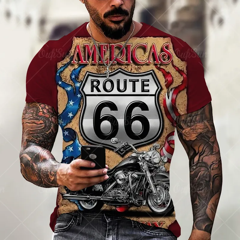 Modna Route 66 z motocyklową męską Tshirt Lato Oneck krótkie topy TEES dla mężczyzny ponadwymiarowa koszulka vintage odzież 220607