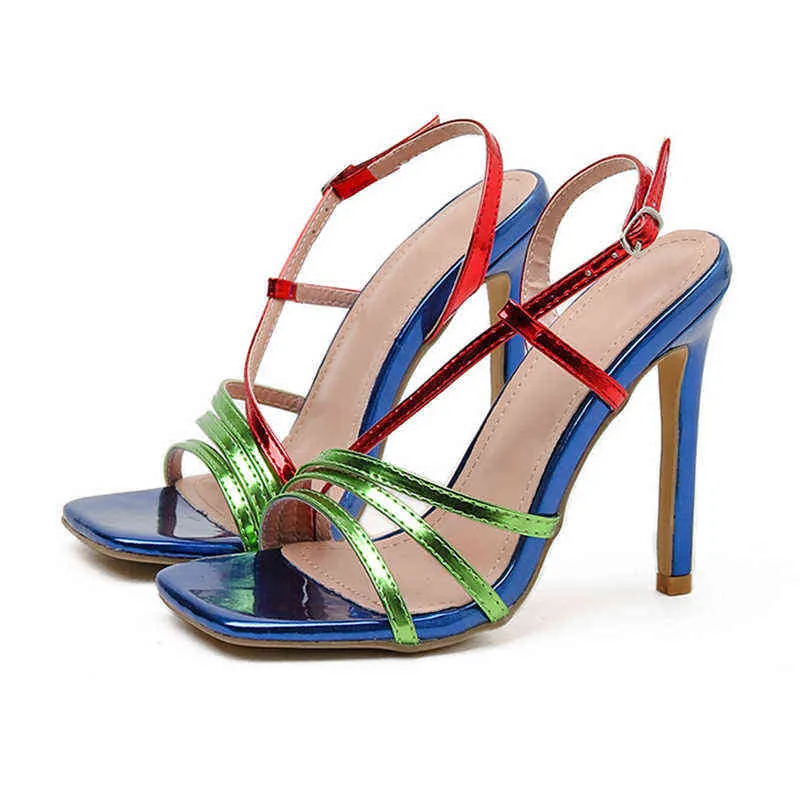 Sandalet pzilae yeni renkli kadınlar toka strappy kare ayak parmağı stiletto topuklar seksi bayanlar sığ parti ayakkabıları boyutu 42 220704