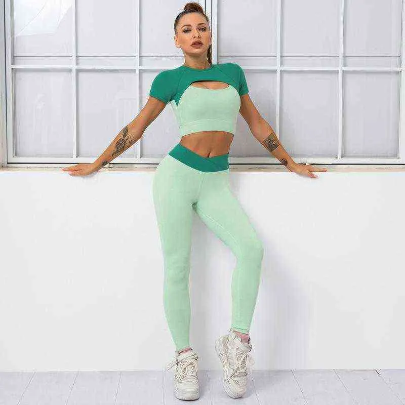 Colorblock Fashion Sexy Twopiece Ladies Yoga Gym Exercise PushUp short Sleeve Sports Leggings Pants Outdoor Run Fitness J220706