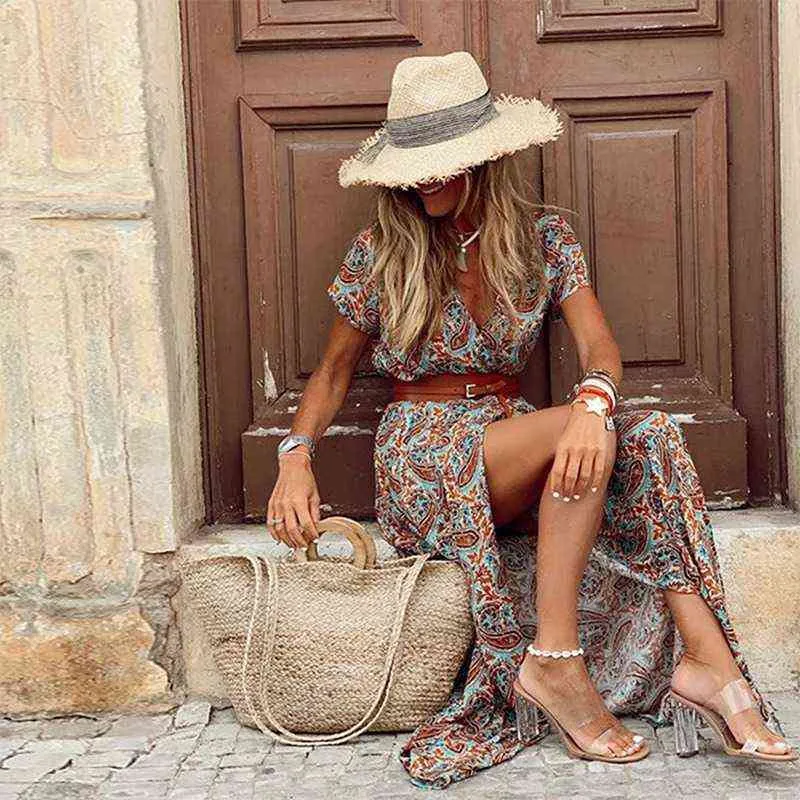 Zomer boho lange jurk vintage paisley print v nek korte mouw strand maxi jurk dames elegant feest gewaad split jurk g220510