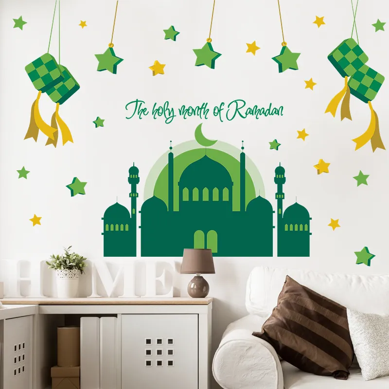 2022 Ramadan dekoration väggklistermärken Eid Mubarak Decor Green Castle Kareem Islamiska fönsterklistermärken Muslimska väggväggdekaler PVC