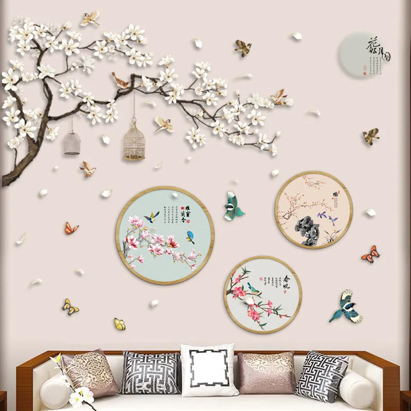 Çin tarzı büyük boy ağaç duvar çıkartmaları kuş çiçek ev dekor duvar kağıdı oturma odası yatak odası diy oda dekorasyon 220510