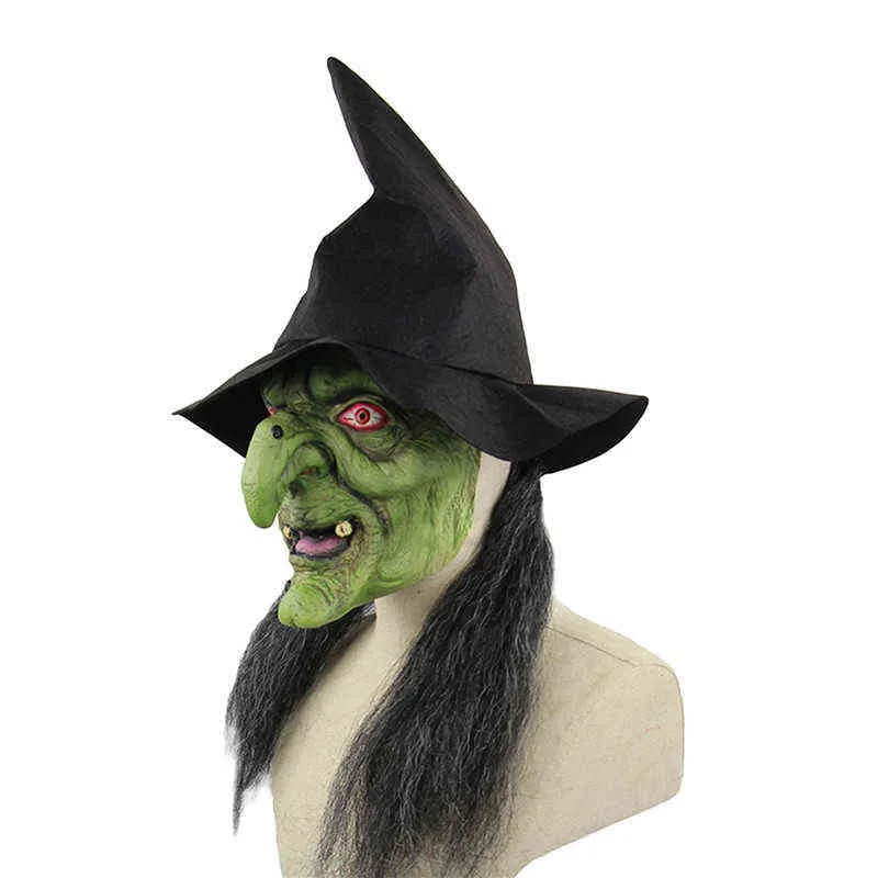 Halloween impreza Horror Witch Maska z kapeluszem Cosplay Scary Clown Hag Lateks Maski Zielona twarz Big Nose Old Women Costume Props L220530