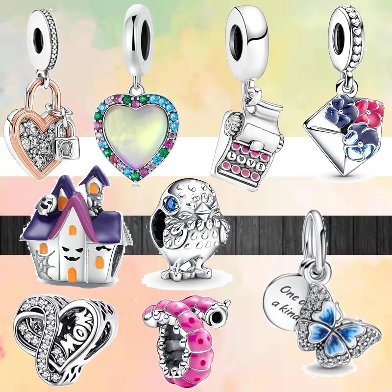 925-Armband-Charms für Pandora-Charm-Set, Originalverpackung, Farbe: süßes Schloss, Seelöwe, Liebe, europäische Perlenkette, Charms-Schmuck