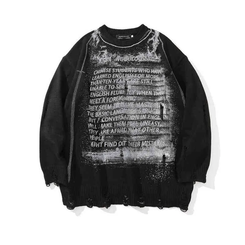 Dark Streetwear Black Hole Ripped Oversized Men Hip Hop Knitted Sweater Beggar Punk Women Pullover Rubbish Clothes Pull Homme T220730