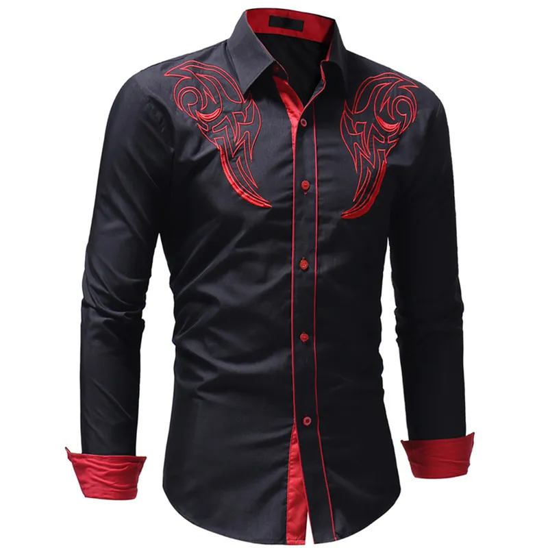 Mode Heren Geborduurd Western Shirt Lange Mouw Slim Casual Shirt 220801