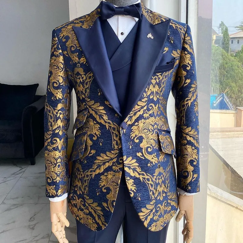 Jacquard-Smoking-Anzüge mit Blumenmuster für Herren, Hochzeit, schmale Passform, Marineblau und Gold, Gentleman-Jacke mit Weste und Hose, 3-teiliges Herrenkostüm 220725