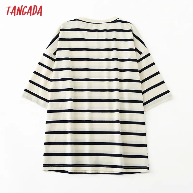 Tangada 여자 줄무늬면 티셔츠 짧은 소매 o 목 티 레이디스 캐주얼 티 셔츠 거리 착용 톱 6L42 220615