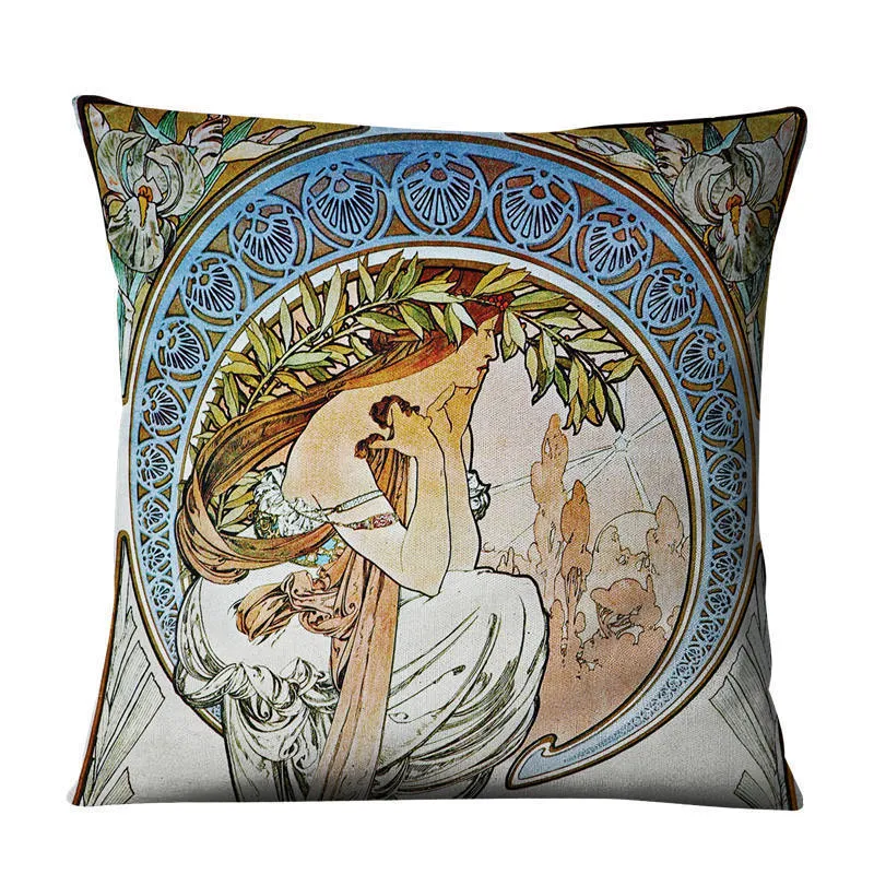 Pillow Case Classical Mucha Gallery Beauty Linen Decorative Throw Green Pillows Case Set Decor Home Cartoon Cushion Covers for Sofa Car 220714