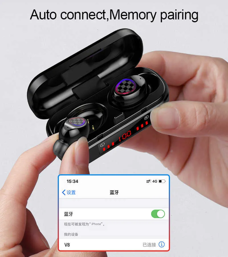Kopfhörer Drahtlose Kopfhörer Chip Touch Control Headset Wasserdicht 6D Stereo SportTransparenz Metall Umbenennen GPS Kabelloses Laden Bluetooth