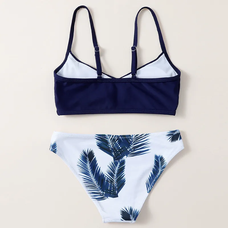 7~14Years Summer Teen Girls Swimsuit Leaf Printed Two Pieces Kids Swimwear for Beach Wear Biquini Infantil Bikini 220426