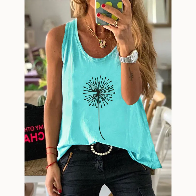 100% Cotton Women Waistcoat Summer Oversized Dandelion Print Fashion Harajuku Female Regular Graphic Steevless Ladies Tank Tops 220318